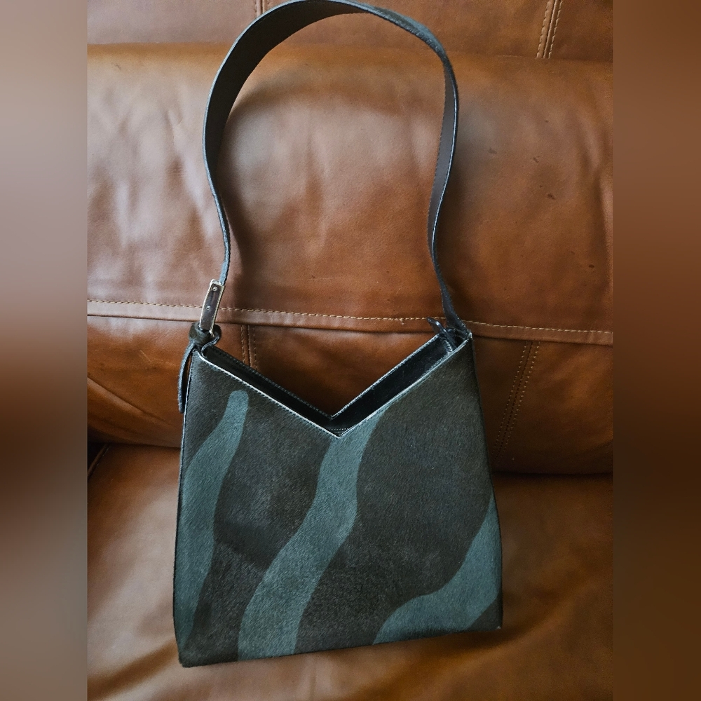 Salvatore Ferragamo Shoulder Bag Leather Fur Brown Teal Authentic